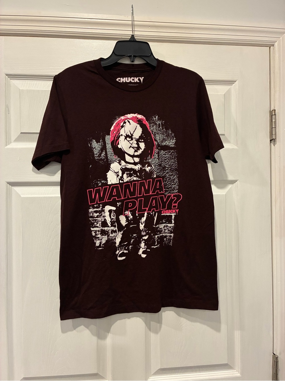 Converse Chucky 'Wanna Play?' Graphic Tee - Dark Brown with Pink Accent